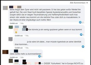 Chat: „Keine Angst, dem Syrer wird nicht viel passieren. Er hat das getan, wofür Merkel ihn geholt hat. Die vom Staat hochbezahlten Spezial Asylantenanwälte und Gutachter sorgen dafür, dass er wegen Traumatisierung und Haftempfindlichkeit nach max. einem Jahr wieder rauskommt, um die nächste Frau oder dich zu massakrieren. In der Sharia ist eine Ungläubige auch nichts wert.“ „Man könnte ja ein wenig spazieren gehen, wenn er rauskommt.“ „Ja, da wäre ich dabei… man müsste irgendwie an seine Identität drankommen.“ „Gibts nichts mehr zu kommentieren.“ „Dieser ‚Kulturkreis‘ hat in Europa nichts zu suchen.“ „So viele Gefängnisse hat doch Deutschland nicht.“