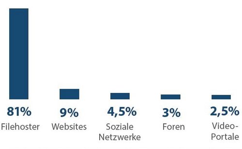 81 % der Darstellungen werden über Filehoster verbreitet, der Rest über Websites, Social Media, Foren und Videoportale