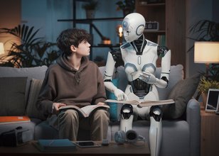 Ein Roboter und ein Teenager lesen zusammen Bücher