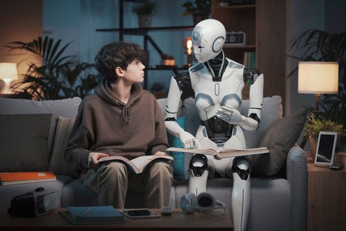 Ein Roboter und ein Teenager lesen zusammen Bücher
