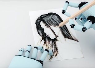 Eine Roboterhand zeichnet mit dem Bleistift eine junge Frau