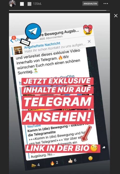 Instagram-Post der Indentitären Bewegung Augsburg verweist auf „exklusive Inhalte“ auf ihrem Telegram-Kanal.