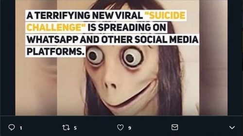Ein Foto auf Twitter zeigt eine gruslige Figur mit strähnigem Haar und hervorquellenden Augen und den Schriftzug „A terrifying new viral „Suicide Challenge“ is spreading on WhatsApp and other social media platforms.“