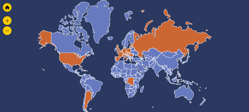 Auf einer Weltkarte sind die Heimatländer der INACH-Mitgliedsorganisationen farbig hervorgehoben. Sie befinden sich in Europa, Asien, Afrika, Nord- und Südamerika.