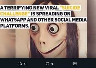 Ein Foto auf Twitter zeigt eine gruslige Figur mit strähnigem Haar und hervorquellenden Augen und den Schriftzug „A terrifying new viral „Suicide Challenge“ is spreading on WhatsApp and other social media platforms.“